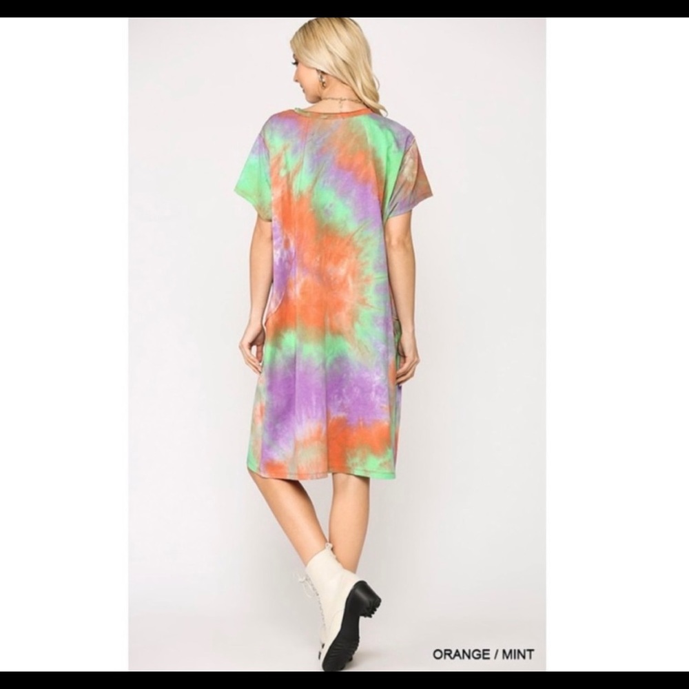 Gigio Tie Dye Midi Dress Raw Edge Cotton Jersey Dress with Side Pockets - Picture 3 of 8